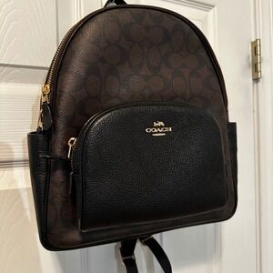 Coach Court Backpack 5671 Signature Canvas Brown Black Gold Hardware hand bag
